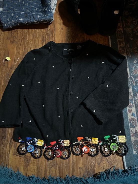 Michael Simon Sweaters - 2000s Michael Simon Blk Cardigan w/ Multicolor Bicycle + Baskets Embellishments